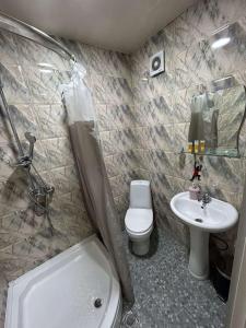 第比利斯MR Guest House的一间带卫生间和水槽的浴室