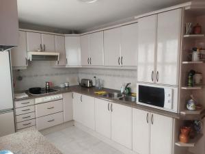 托莱多Cuarto Privado Doble en Toledo的厨房配有白色橱柜、水槽和微波炉