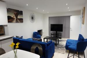 德比KYOTO HOUSE CENTRAL DERBY I SPACIOUS, WARM & NEW with NETFLIX的客厅配有蓝色椅子和电视