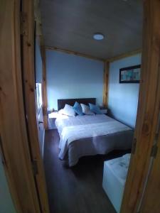 圣卡洛斯-德巴里洛切Tiny House Melgarejo的卧室配有一张带白色床单和枕头的大床。