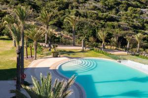 古尔布斯Royal Tulip Korbous Bay Thalasso & Springs的享有棕榈树游泳池的顶部景致