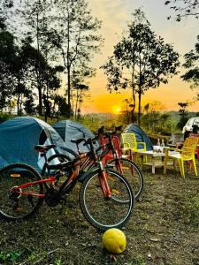 马迪凯里Shrenya Orchidz-Coorg Nature Stay的两辆自行车停在帐篷旁边,一个球