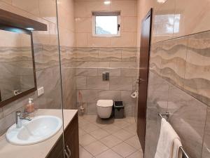 阿克拉Sky Suites Osu的一间带水槽、卫生间和淋浴的浴室