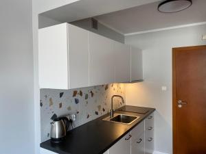 弗瓦迪斯瓦沃沃Apartament 33的厨房配有白色橱柜和水槽