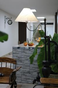 圣萨尔瓦多德朱Hotel Quebrachales的配有书桌的房间,有植物和灯