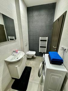 布拉格Byt apartman 2rooms 76m2 all new的白色的浴室设有水槽和卫生间。