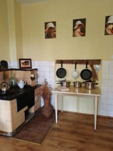 StudniskaStudniska Horse Centrum的厨房墙上设有锅碗瓢盆