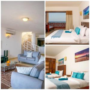 蒙巴萨La Mera Beachfront Apartment的享有3个不同的景色,设有一间卧室和一间客厅