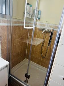 瓦伦西亚HABITACIÓN DOBLE o TRIPLE CORAZON DE RUZAFA的浴室里设有玻璃门淋浴