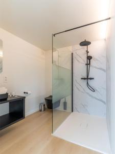 布鲁日花边酒店的玻璃淋浴间,位于大理石墙的房间里