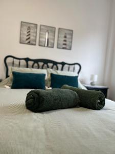 萨里亚Piso Camino de Santiago的铺在床上的绿色毛巾