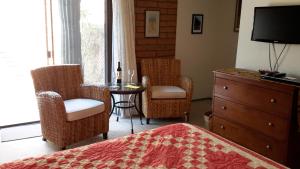 土桑Desert Trails Bed & Breakfast的一间卧室配有一张床铺、椅子和一张桌子