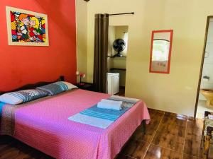 圣弗朗西斯科泽维尔Cachoeira do Roncador的一间卧室配有一张带粉红色床罩的床