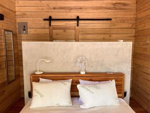 SantiagoNaturnahe Cabina Playa Hermosa, Santa Teresa的一间卧室配有带2个枕头的床