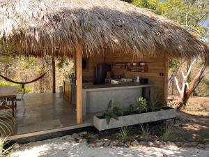SantiagoNaturnahe Cabina Playa Hermosa, Santa Teresa的小屋设有厨房和茅草屋顶