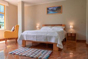 TaricaCasa Alojamiento Tocllaraju的一间卧室配有一张床、一把椅子和地毯