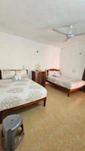 巴卡拉尔Casa Coral的一间卧室配有两张床和吊扇