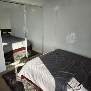 布里斯班Bedroom & Private Bathroom in Modern Inner Brisbane Apartment的一间卧室配有一张床和一面镜子