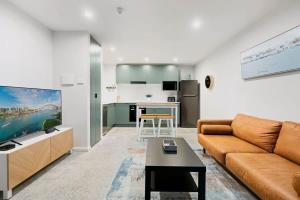 悉尼Cosy Camperdown的带沙发的客厅和厨房