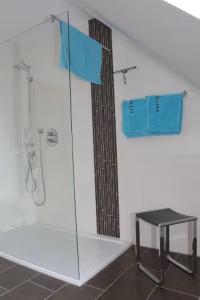 博尔库姆Ferienhaus Inselliebe的带淋浴的浴室和桌子