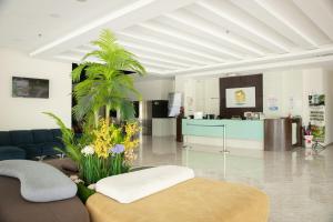 怡保Golden Roof Hotel Ampang Ipoh的带沙发和棕榈树的客厅