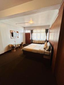 大吉岭The Valaya Hotel的一间卧室设有一张床、一个窗口和一台电视