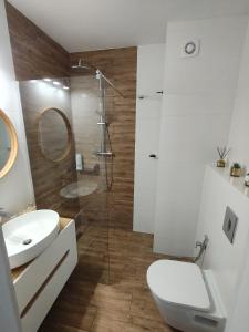 尼彻兹GOLD CLIFF APARTMENT NIECHORZE Baltic Cliff的浴室配有卫生间、盥洗盆和淋浴。