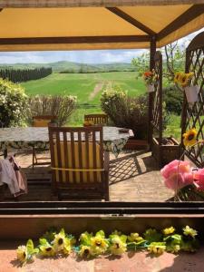 阿夏诺Casa Country House Girasole vakantie huis-WAKACJE HUIS的庭院配有两把椅子和一张桌子,种有鲜花