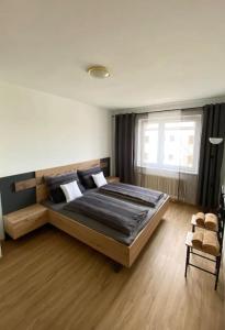 Groß-SieghartsWaldviertel Stay的一间卧室设有一张大床和一个窗户。