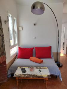阿桂拉斯Casa Mar的客房配有一张带红色枕头的床和一张桌子
