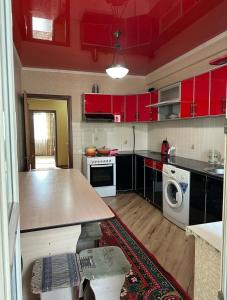 比什凯克guest house djal的厨房配有红色橱柜、洗衣机和烘干机