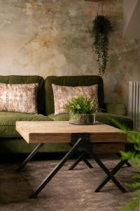 WeltonAkasha Spa Retreat Cottage的客厅配有绿色沙发和茶几