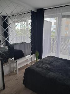 尼萨Apartament Diament 1 - Jezioro Nyskie的一间卧室设有一张床和一个大窗户