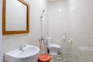 日惹Hotel Safara Yogyakarta的一间带水槽、卫生间和镜子的浴室