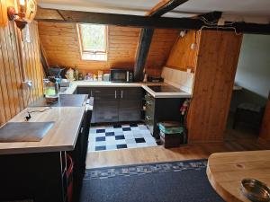 SpalonaOsmelakowa Dolina的铺有木地板,设有木墙小厨房。