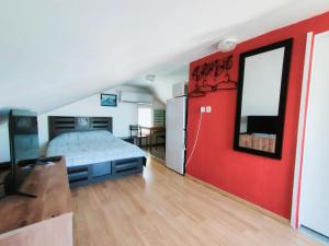 埃拉特Guest House VeryMary Eilat Stydio的一间卧室设有一张床和红色的墙壁