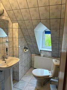 库多瓦-兹德鲁伊Willa Sanssouci的一间带水槽和卫生间的浴室以及窗户。