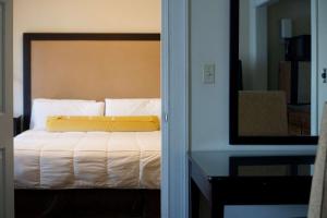 奥克兰华盛顿旅馆的一间卧室配有一张带白色床单和镜子的床