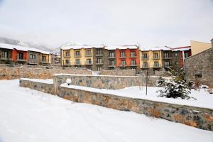 帕雷斯阿吉萨那Domotel Neve Mountain Resort的一座雪覆盖的城市,其建筑背景