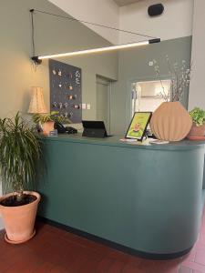 芬洛Stadsherberg Ald Weishoès的带有盆栽蓝色柜台的办公室