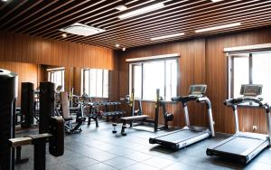 吉布提Escale International Hotel的健身房,配有一系列跑步机和机器