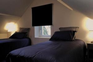 RonquerollesGîte les tilleuls的一间卧室设有两张床和窗户。
