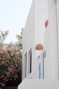 马斯喀特Salaam Space的白色的建筑,有蓝色的门和粉红色的花