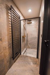 龙塞Hotel Mezza Notte的带淋浴的浴室和玻璃门