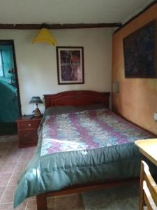 奥塔瓦洛Quinta El Quinde的一间卧室配有一张大床和木制床头板