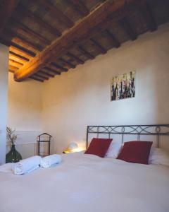 BorghettoVilla Montefiore Country Resort的卧室配有带红色枕头的大型白色床