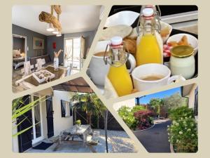 居让梅斯特拉Les cottages du Bassin d'Arcachon - Appartements avec terrasse et espace paysagé- Petit-déjeuner sur demande的和瓶装橙汁的照片拼贴