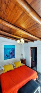 蒂尔卡拉阿拉阿尔玛山林小屋的一间卧室配有带黄色枕头的大型橙色床