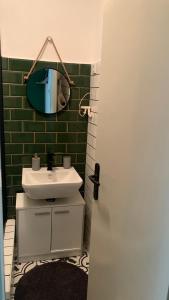 塞格德Mermaid house apartman的浴室设有白色水槽和镜子