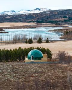 塞尔福斯Golden Circle Domes - Lake View的水体旁田野的绿色圆顶帐篷